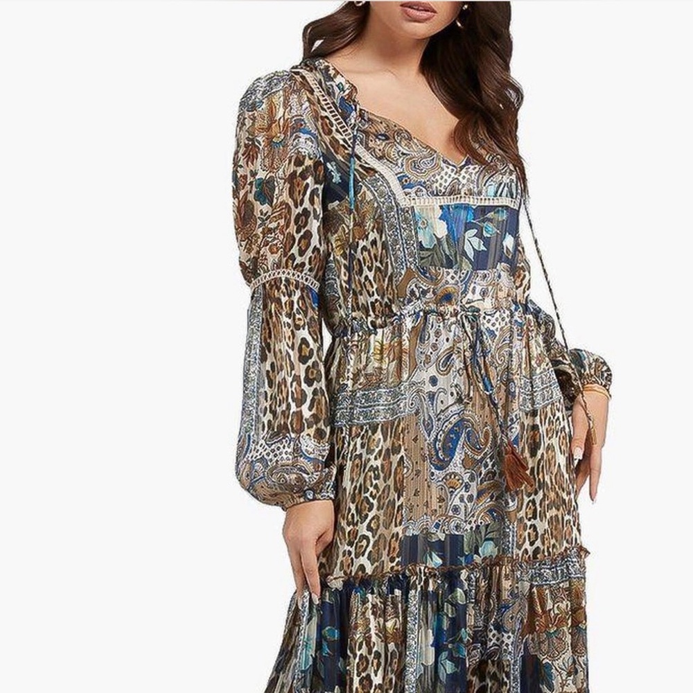 Guess Mixed Paisley & Leopard Long Sleeve Maxi Dress - Brown & Blue